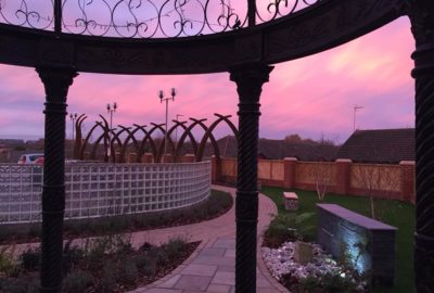 Inside garden gondola at sunset